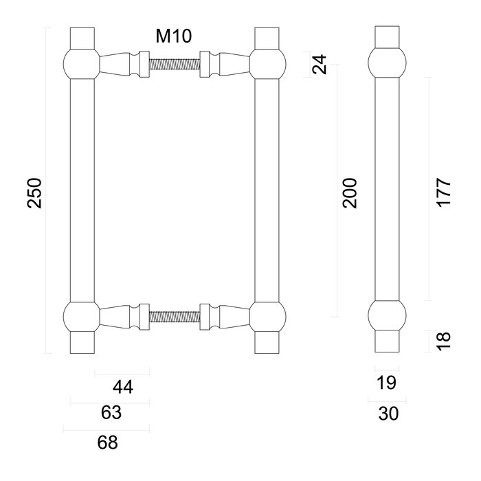 HDD Poignée de porte PETRA 200mm - Vieux Laiton - paire pour épaisseur de porte >3CM