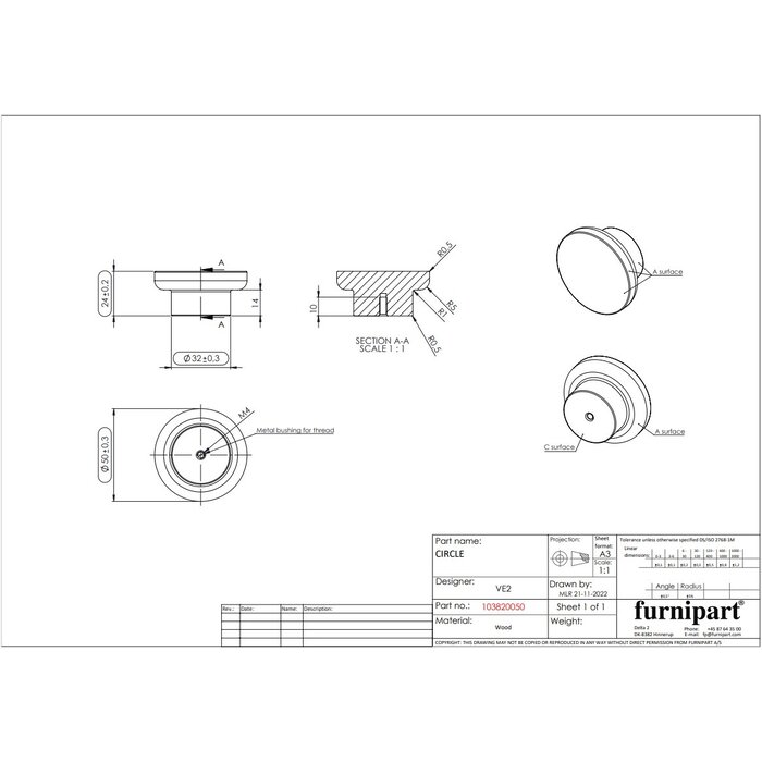 Furnipart Ronde meubelknop CIRCLE - Hout - Zwarte eik gelakt