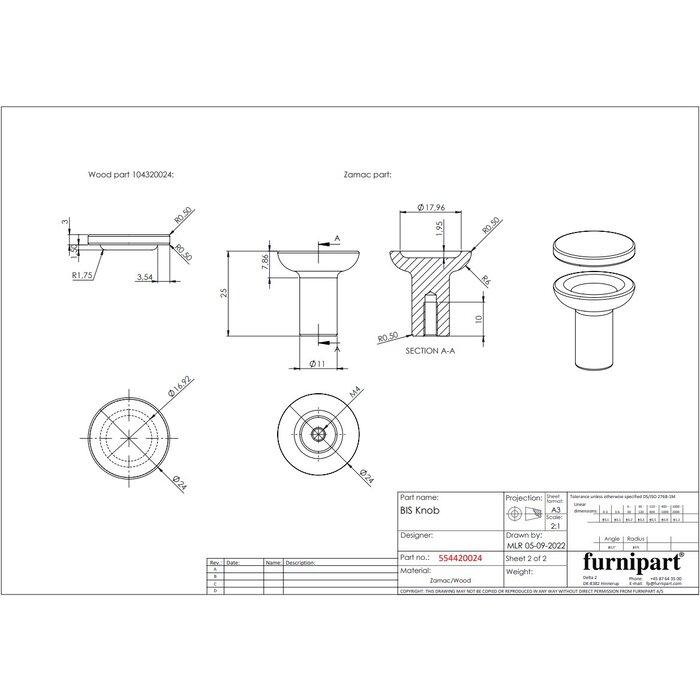 Furnipart Furnipart Möbelknopf BIS Holz-Zamak / Braun - Chrom