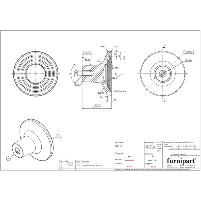 Furnipart Furnipart Möbelknopf FLEUR – Gusseisen mattschwarz