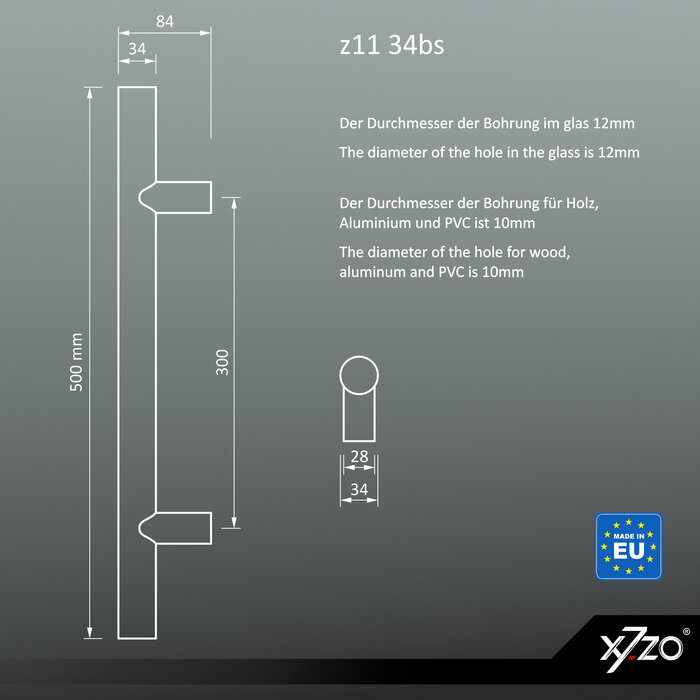 X7.ZO Paar Türgriffe Z11 34 – Eiche/Schwarz für Glas, Tür oder Sauna – 34/300/500 mm