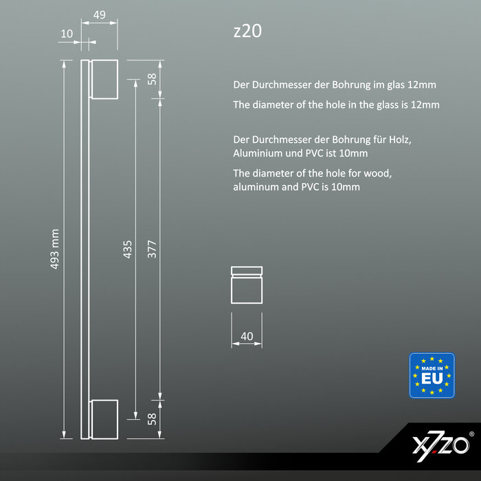 X7.ZO Pair of black solid door handles Z20 - 40/435/498 mm