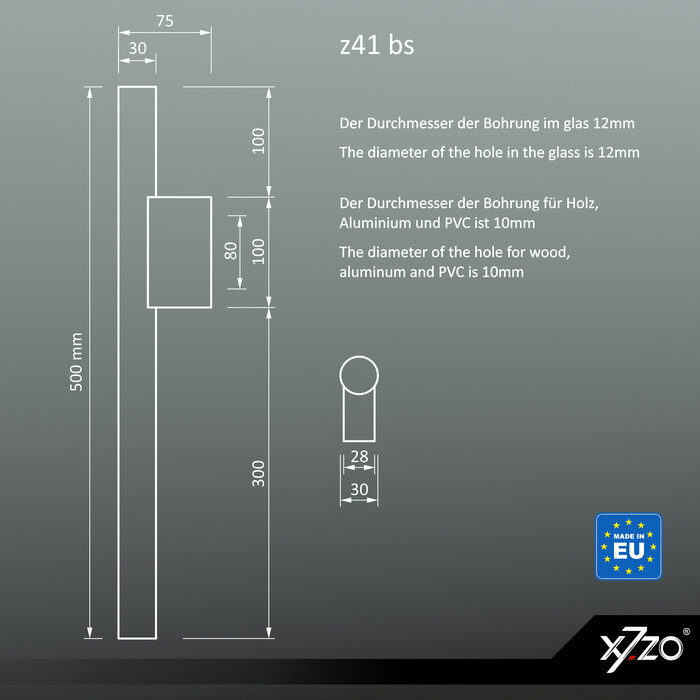 X7.ZO Paar Design-Türgriffe aus Edelstahl Z41 BS - 30/80/500 mm