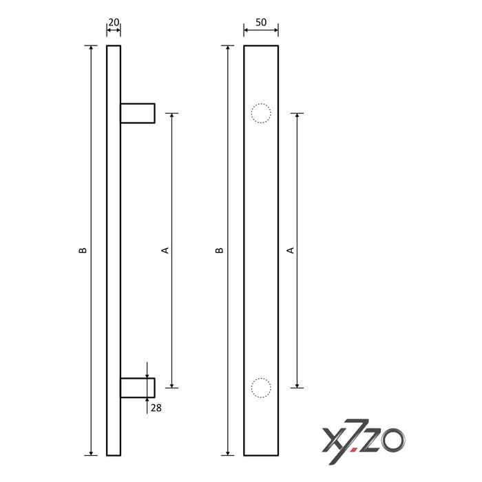X7.ZO Enkele deurgreep Z11 50x20 - Eikenhout / zwart voor glas, deur of sauna - 300/500mm