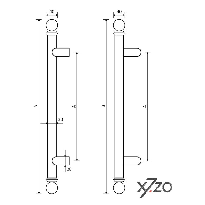 X7.ZO Einzelner Türgriff aus massivem Edelstahl Z43 – Ø40 mm – 45° abgewinkelt