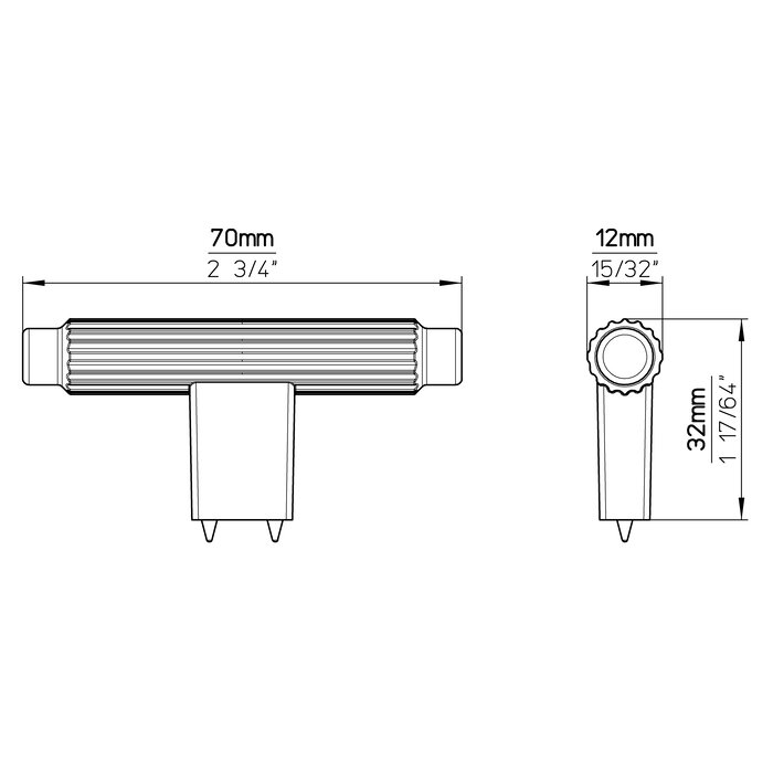 I.B.E. Möbelknopf T - 70 mm - komplett horizontal geschliffen - mattschwarz