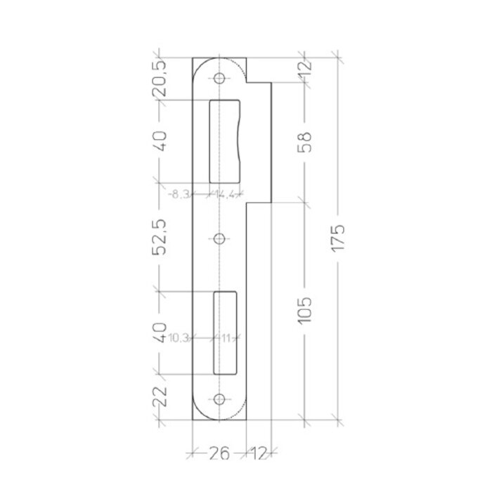 Assa Abloy Afgeronde sluitplaat met korte lip 12mm - 175x50mm - RVS look