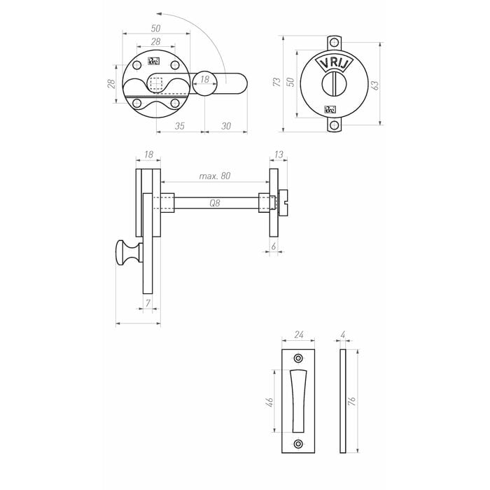 Dauby WC garnituur-RETRO met vlakke plaat ruw brons (RB)   "D/E"- Rond