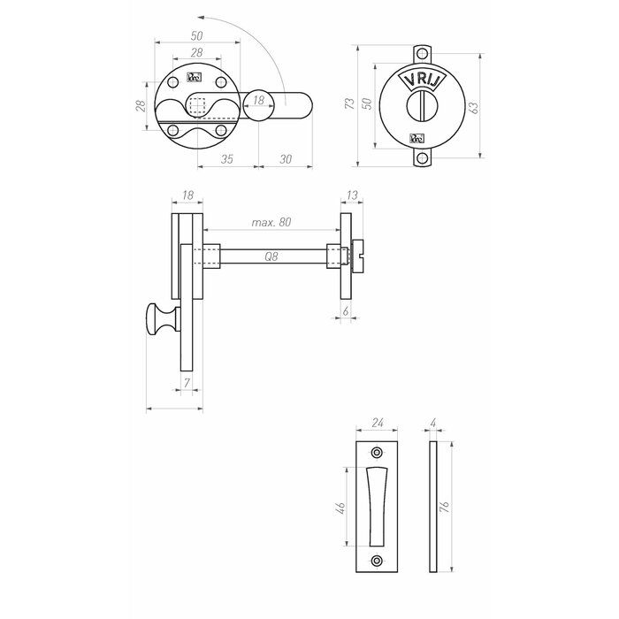 Dauby Toilet fitting-RETRO with flat plate raw metal (RM) "D/E"- Round