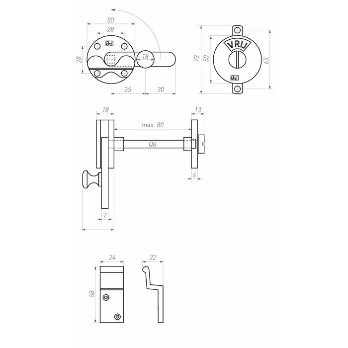 Dauby Toilet fitting-RETRO with hook raw bronze polished (RBP) "NL/FR"- Round