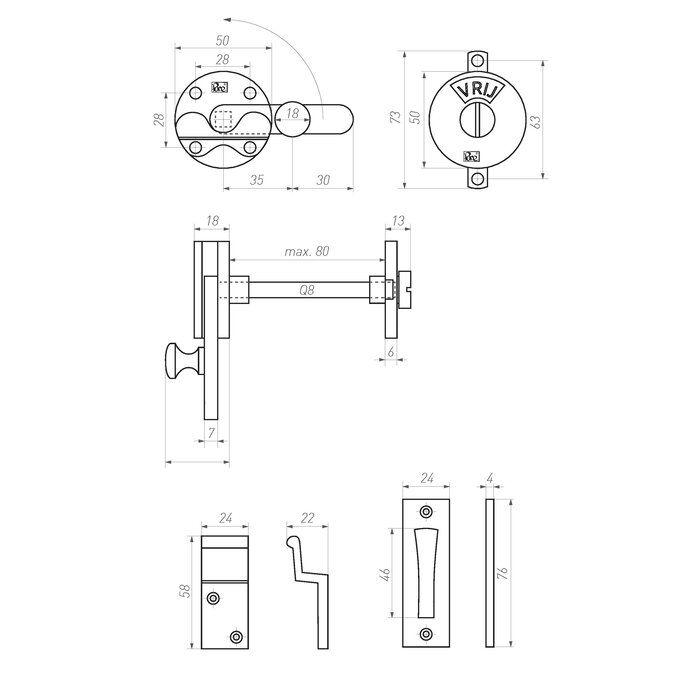 Dauby Toilet fitting-RETRO with hook raw metal (RM) "NL/FR"- Round