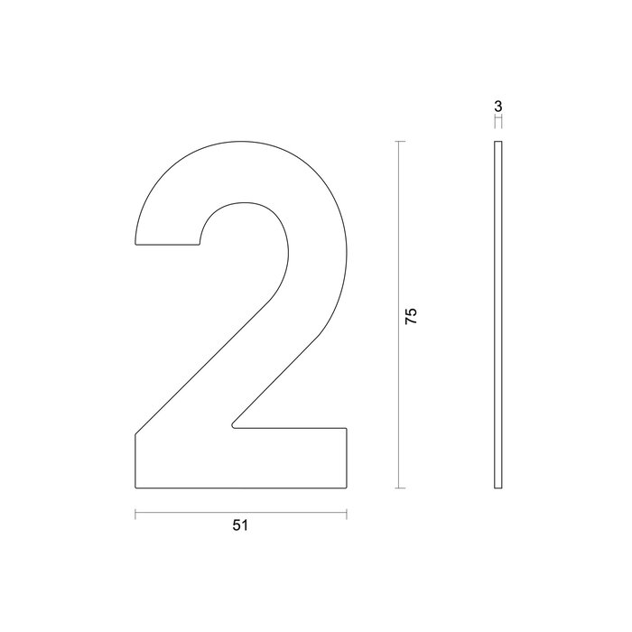 HDD House number flat "2" - self-adhesive - 75mm - stainless steel