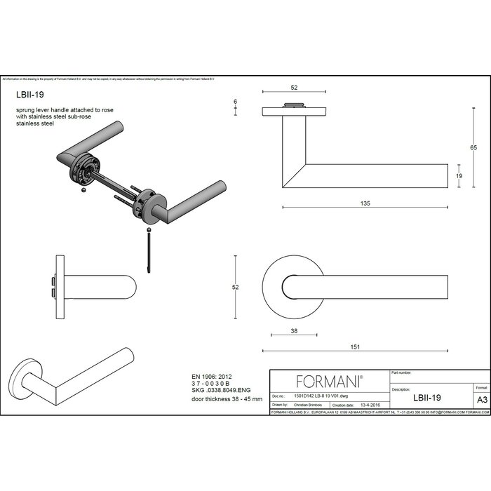 Formani Türgriff Basics LBII-19 EN1906 Klasse 3 – gefedert auf runder Rosette 6 mm PVD-Rotguss