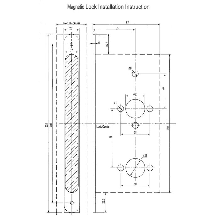 DKS Zwart magneetslot PZ - 235x20mm - Asmaat 72mm - Doorn 55mm - met sluitplaat