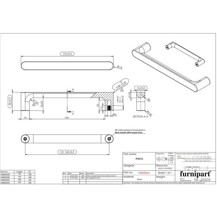 Furnipart Furnipart Möbelgriffe PINTA - Holz - lackiert/unlackiert