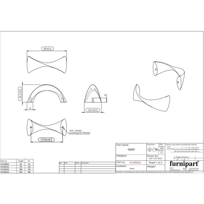 Furnipart Poignées de meubles Furnipart TWIST - bois - laqué/non laqué