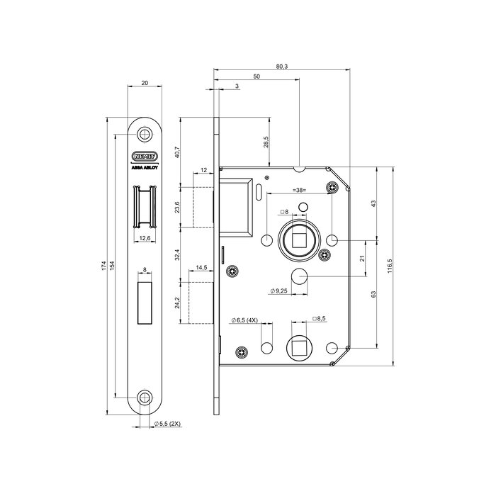 NEMEF Serrure magnétique pour porte de salle de bain NEMEF 1264/77-50 - Acier inoxydable - sans coupelle de fermeture