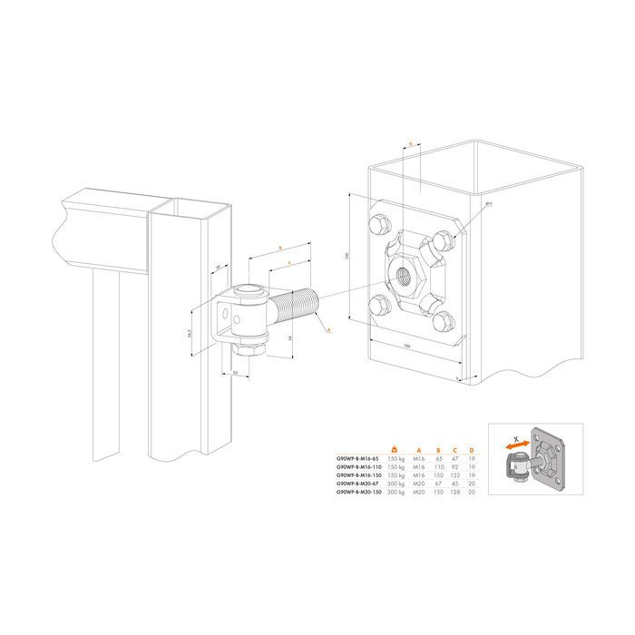 LOCINOX Locinox Anti-Vandalismus-Scharnier 90° -G90WP mit Stellmutter und Wandplatte – 2 Stück