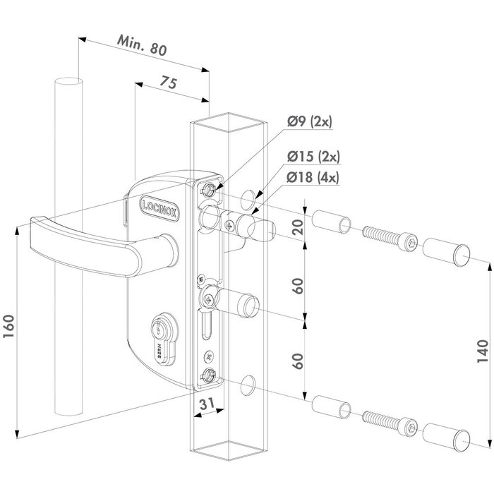 LOCINOX Locinox Aufputz-Gartentorschloss LARZ40P1LVCAP für Rundprofil 40 mm + Türgriffe und Zylinderverriegelung unterschiedlich