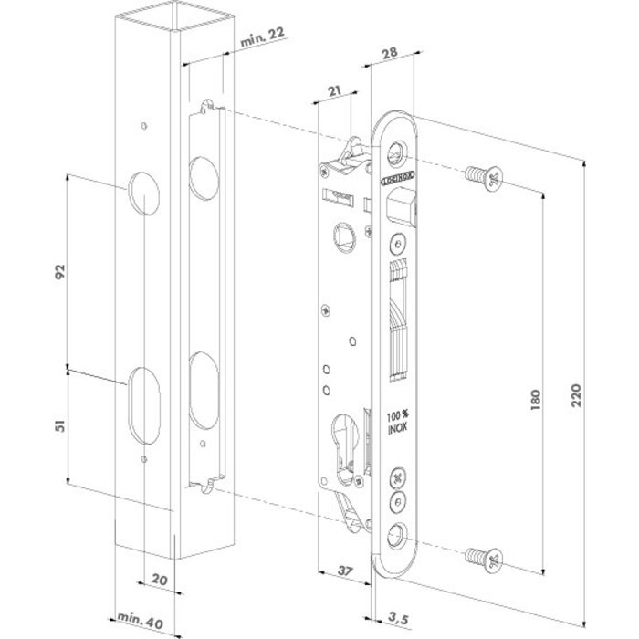 LOCINOX Locinox Einsteckschloss FORTYLOCK mit Dornmaß 20mm – für Profile ab 40 mm