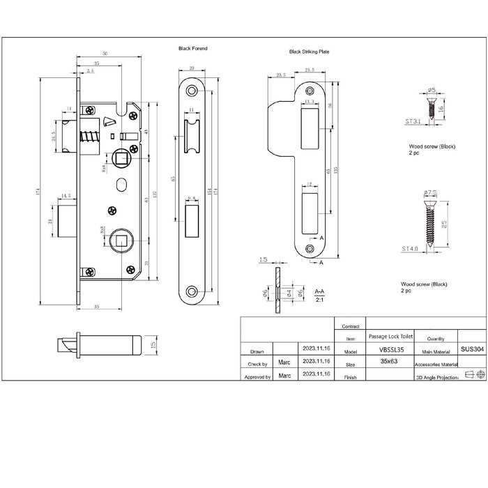 In-Door Black narrow lock toilet - rounded front plate 20x174mm - backset 35mm - center size 63mm