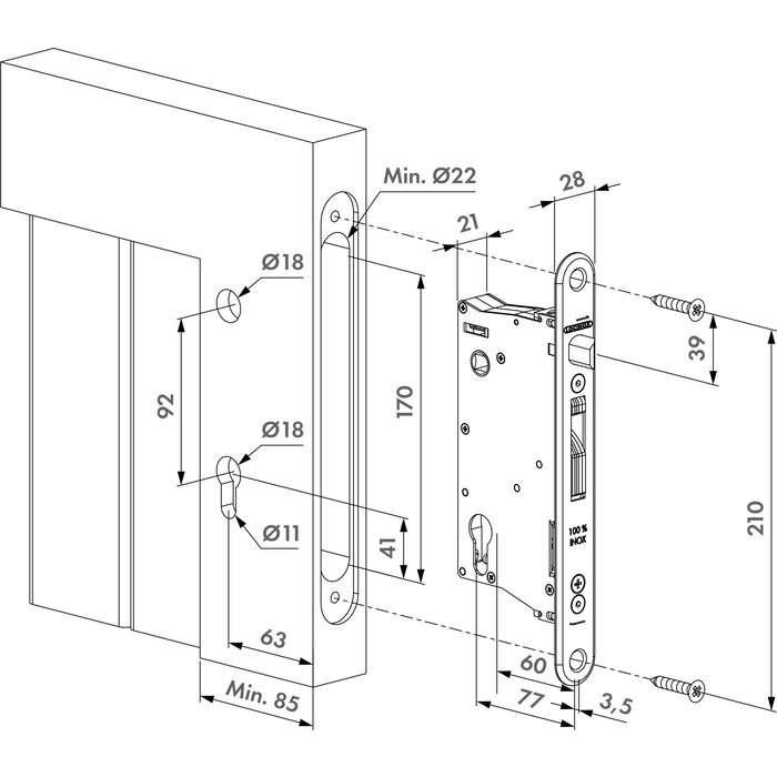 LOCINOX Serrure à mortaiser Locinox EIGHTYLOCK avec un axe de 60 mm - pour profilés à partir de 80 mm
