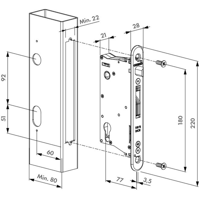 LOCINOX Locinox insteekslotslot EIGHTYLOCK met een doornmaat van 60mm - voor profielen vanaf 80 mm