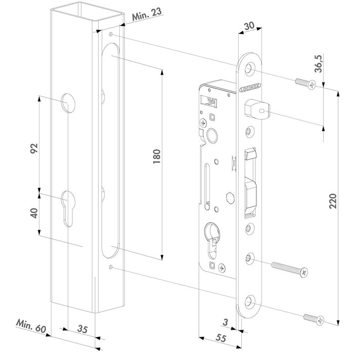 LOCINOX Locinox Insteekslotslot H-METAL  met een doornmaat van 35mm - voor profielen vanaf 60 mm