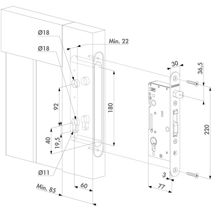 LOCINOX Locinox Mortise lock H-WOOD with backset 60mm - for profiles from 85 mm