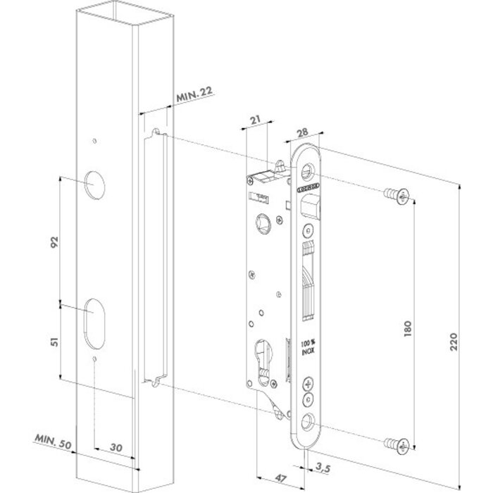 LOCINOX Pakket FIFTYSET-50S-BA  voor metalen/aluminium/PVC  tuinpoorten-Cilinder 60mm-Zwart