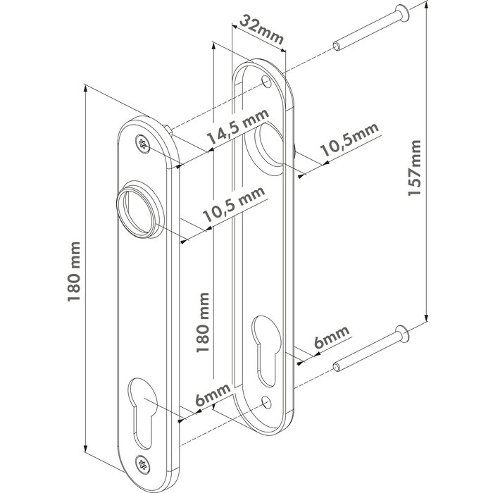 LOCINOX Paar Aluminium-Abdeckplatten 3025-HYB-4060-ALU für Locinox-Einsteckschlösser – durchgehend befestigt