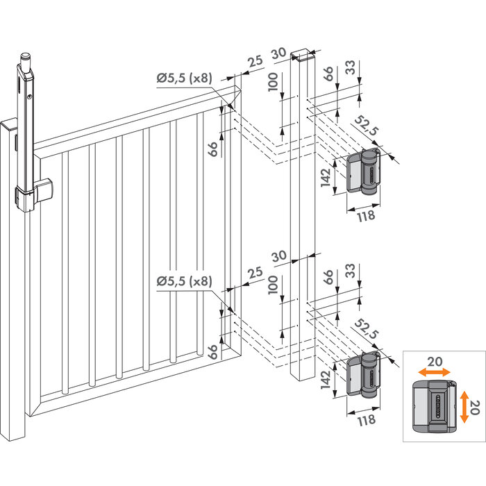 LOCINOX  Pair of black Locinox 180° spring hinge SERVAL with force control - self-drilling screws (2x)