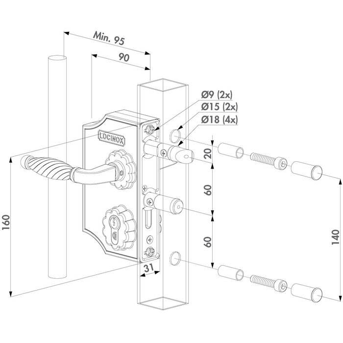 LOCINOX Locinox Aufputz-Ziertorschloss LAKQ40H2LVSZFA für Vierkantprofil 40–60 mm – groß