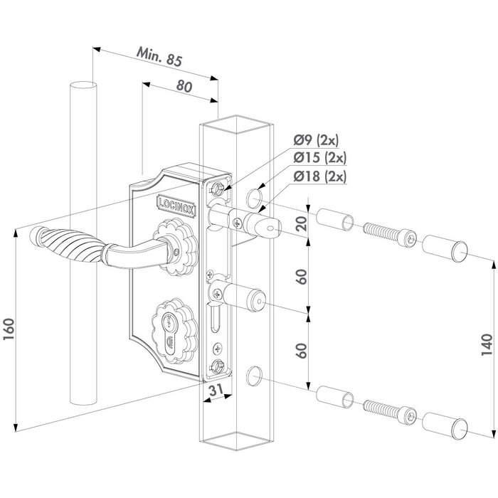 LOCINOX Locinox Opbouw sierpoortslot LAKY40F2LVCAFA voor vierkant profiel 40-50mm - klein