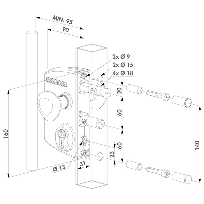 LOCINOX Serrure de portail électrique en saillie Locinox LIKQ40U2LVSZR pour profil carré 40-60 mm