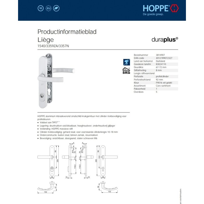 Hoppe Hoppe veiligheidsgarnituur Liège Kruk/Kruk wit - PZ92mm