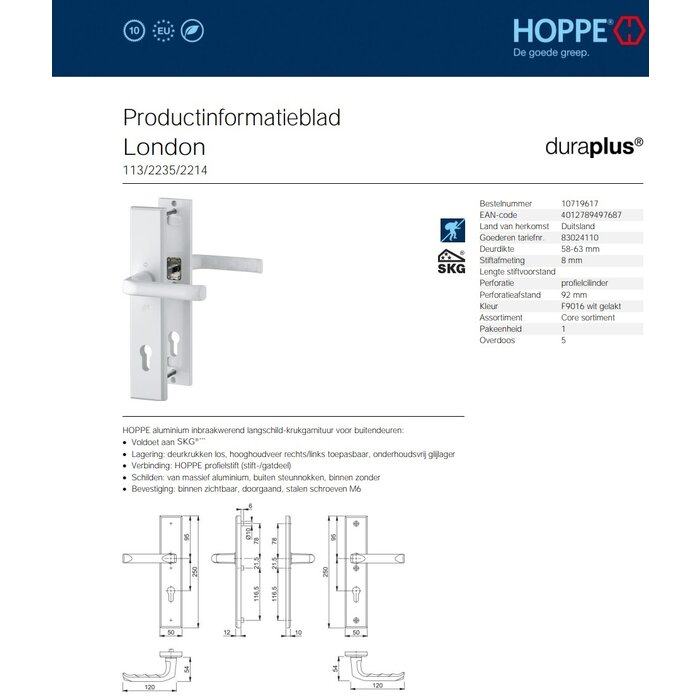 Hoppe Hoppe veiligheidsgarnituur London Kruk/Kruk wit - PZ92mm