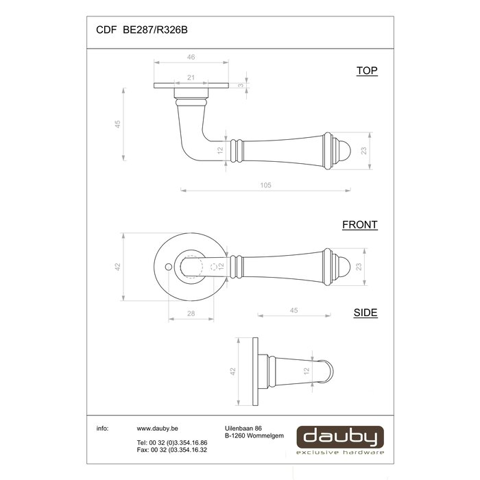 Dauby Pair of cast iron CDF door handles BE287 for indoor use - Rust (RC)