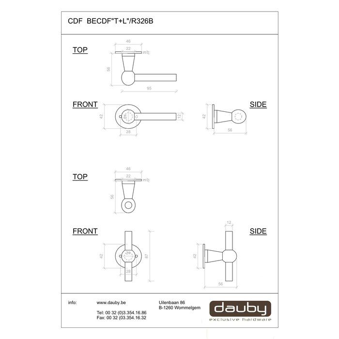 Dauby Pair of iron CDF door handles BECDF "T+L" - Wrought iron (FP)