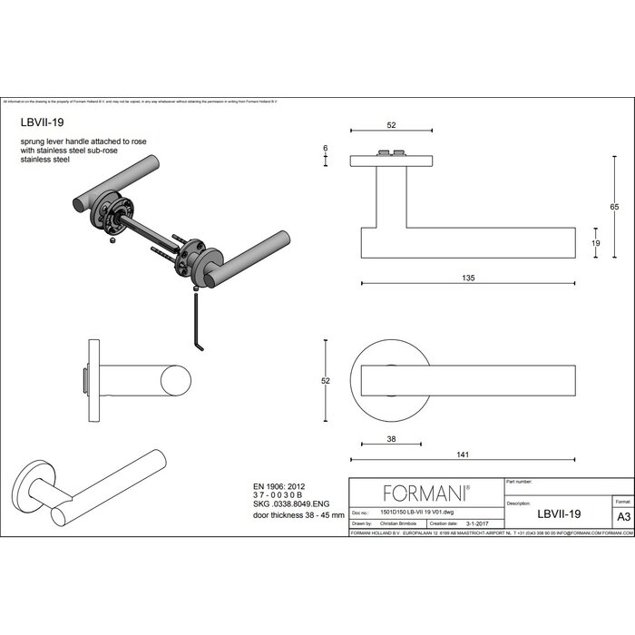Formani Door handles Basics LBVII-19 spring-loaded on round rosette without PVD gunmetal