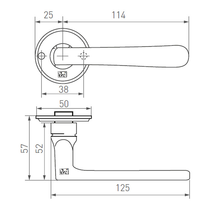Dauby Deurklinken PHXL ”L+L” -50mm - ruw metaal (RM) zonder sleutelplaatjes