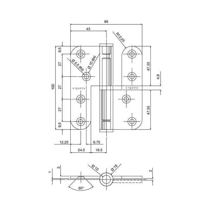Argenta Open zwarte paumelle Argenta 100 x 86 x 3mm