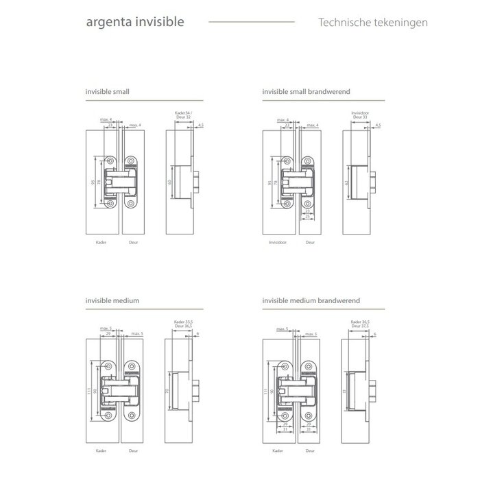 Argenta Charnière 3D invisible Argenta - Petit modèle 23 x 95 mm - 3 couleurs