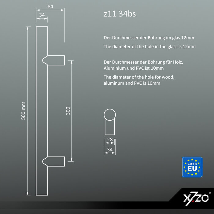 X7.ZO Paire de poignées de porte Z11 34 - Bois de chêne / acier inoxydable pour vitre, porte ou sauna - 34/300/500mm