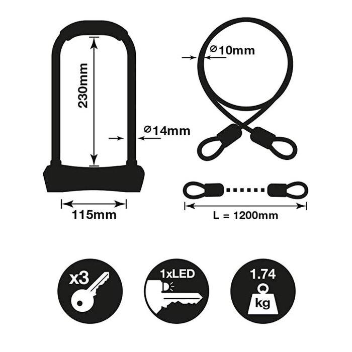 Yale Schwarzes Yale Maximum Security Fahrradschloss YUL3C – Bügelschloss mit Kabel
