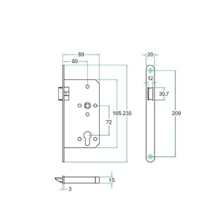Artitec Artitec projectsloten voor intensief gebruik met smalle voorplaat - 235x20mm - Asmaat 72mm - Doorn 60mm - Klasse 3 - Zwart