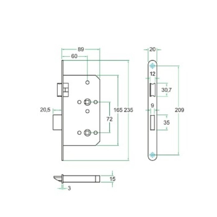 Artitec Artitec projectsloten voor intensief gebruik met smalle voorplaat - 235x20mm - Asmaat 72mm - Doorn 60mm - Klasse 3 - Zwart