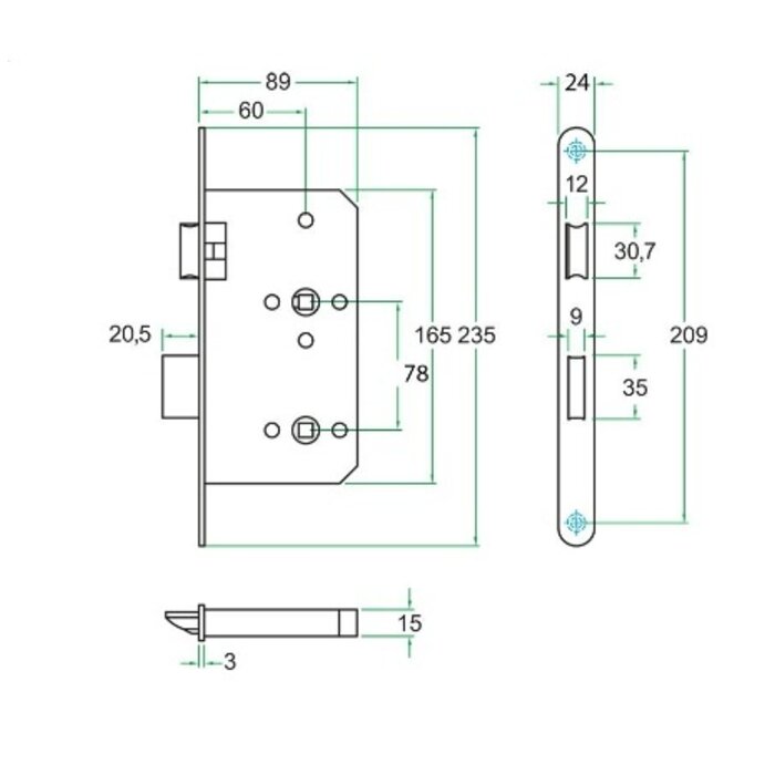 Artitec Artitec projectsloten voor intensief gebruik met smalle voorplaat - 235x20mm - Asmaat 72mm - Doorn 60mm - Klasse 3 - Zwart