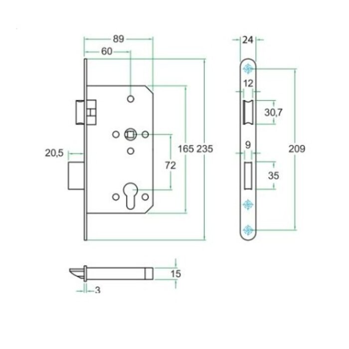 Artitec Artitec-Projektschlösser für intensiven Gebrauch mit Frontplatte 235 x 24 mm – Klasse 3 – Schwarz