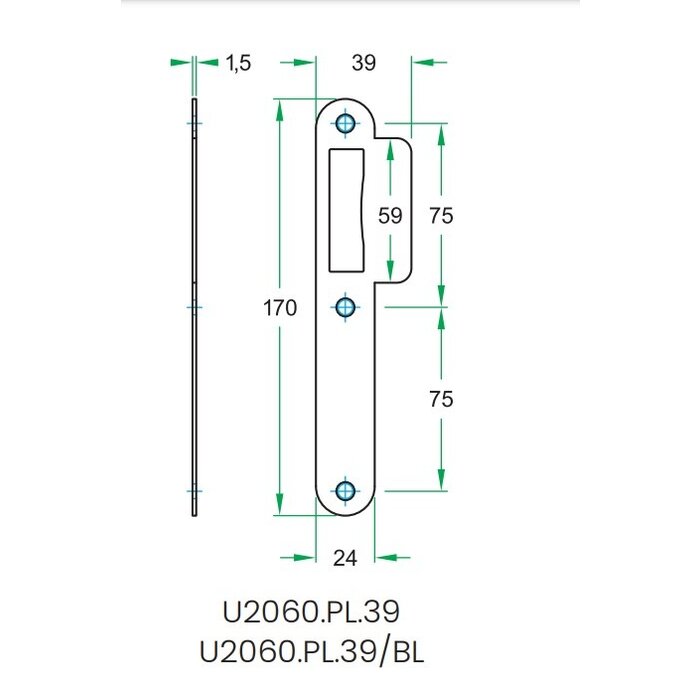 Artitec Artitec afgeronde sluitplaat 170x24 mm voor projectsloten - Zwart
